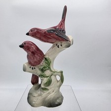 Unmarked Porcelain Red Bird Figurine Pair On Branch Small Green Leaf Made In CA