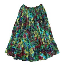 Vintage Boho Abstract Floral Geometric Print Maxi Skirt Green Multi OS