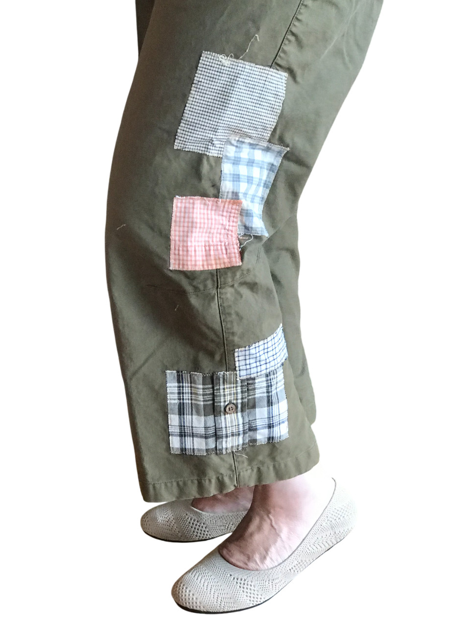 Upcycled Patchwork Cropped Pants | Boho Olive Gre… - image 3