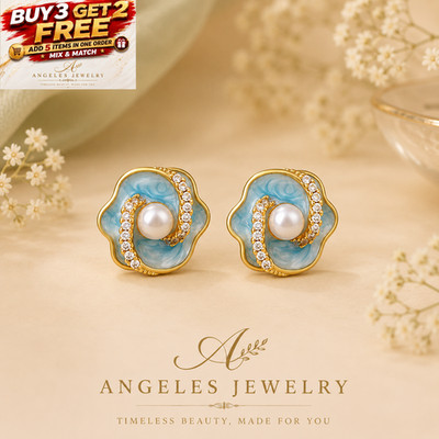 Blue Enamel Pearl Flower Stud Earrings 18K Gold Plated Crystal Monet Style