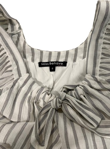 Miss Behave Dress Girls Size 8 White Black Stripes Sleeveless Ruffle Bow Tie - Picture 3 of 6