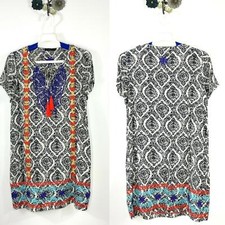 THML Damask Print Multicolor Embroidered Casual Tunic Dress Size Small FLAW