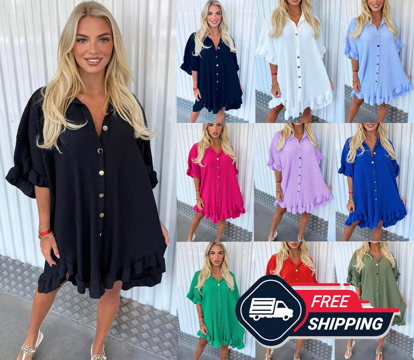 Mini robe femme italienne boutonnée or boutonnée chemise d'été plissée Tiktok hauts Royaume Uni