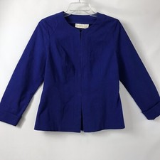 Chicos 0 4-6 Womens Blazer Stretch Jacket Blue Crew Neck Rayon Blend Hook/Eye