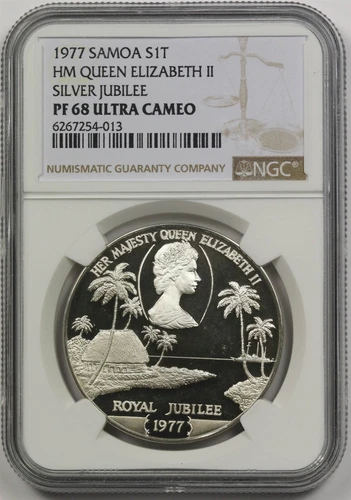 1977 Samoa S1T NGC PF68 Ultra Cameo HM Queen Elizabeth II Silver Jubilee