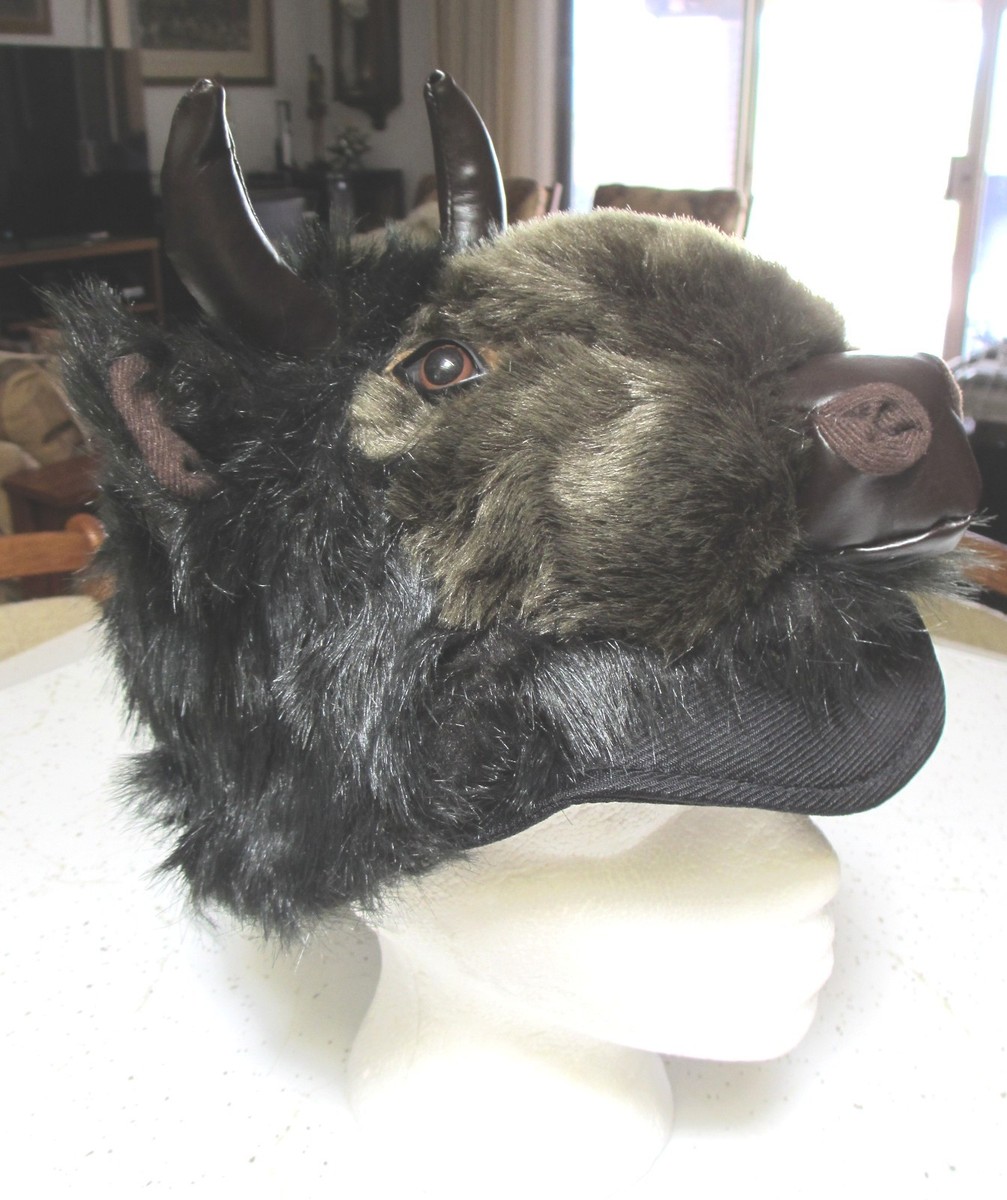 BUFFALO HAT furry VIKING head horns mens womens costume Bison