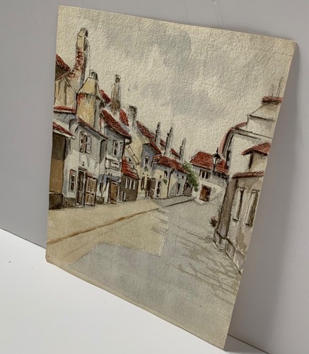 VINTAGE DOUBLE SIDED WATERCOLOUR PAINTING TOWN BUILDING CHURCH SIGNED DATED 1959 - Picture 6 of 24