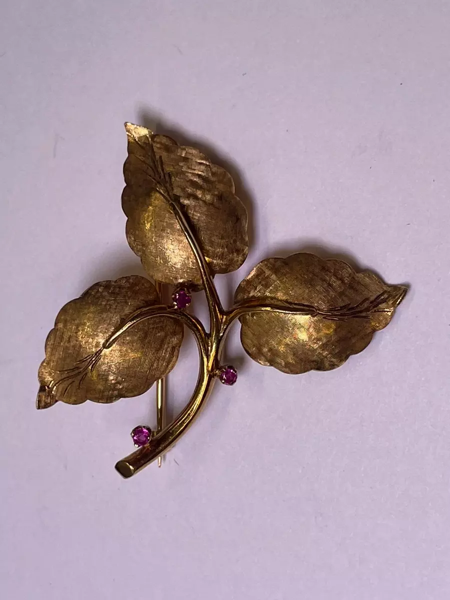 Tiffany & Co 18K Yellow Gold Ruby Three Leaf Brooch Pin Vintage (R814)
