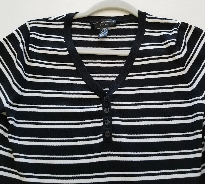 Camiseta para mujer Spenser Jeremy mediana pequeña PM negra blanca a rayas manga corta Foto 2 de 4