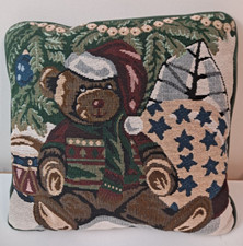 Tapestry Christmas Pillow Vintage Teddy Bear Traditional 12x12 Green Back Decor