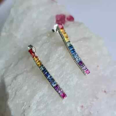 Lab Created Rainbow Dangle Earrings Women's Princess Cut 925 Sterling Silver