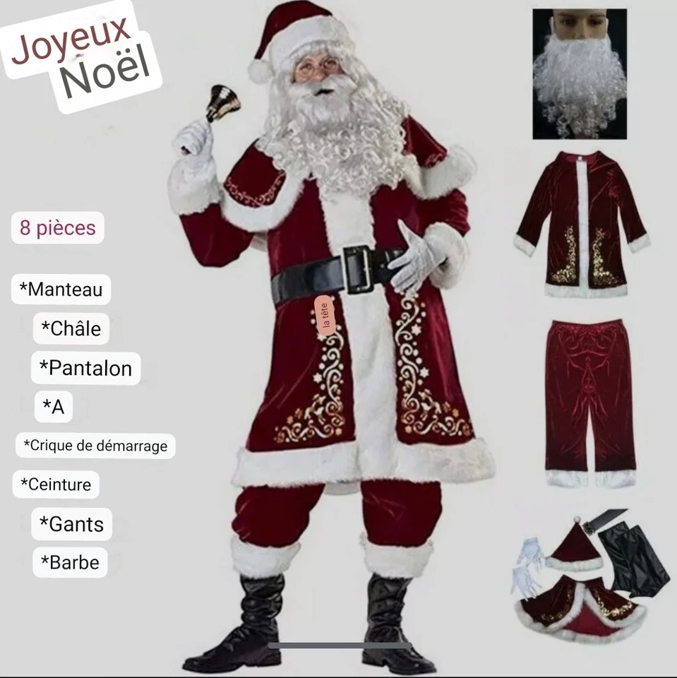 Costume Pere Noël Adulte Deguisement Santa Claus Cosplay Noël 8 pièces - Photo 2/4