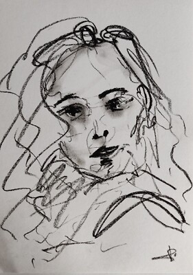 Mädchen Portrait Öl Pastell Zeichnung 12x8'' MINIMALISMUS VIVEK MANDALIA Original Echtheitszertifikat