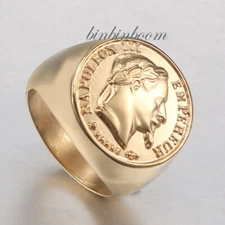 NAPOLEON III EMPEREUR RING, STAINLESS STEEL, GOLD PLATED, SOLID BACK, SIZE 7-14