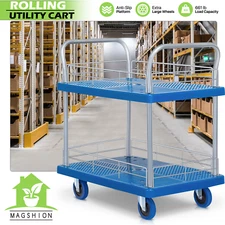 2-Tier[SWIVEL WHEELS]Utility Cart Garage Tool Storage Organizer Trolley w/Fence