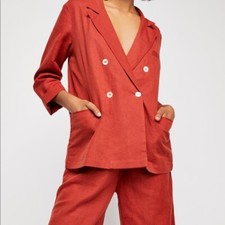 Free People Jacket M Burnt Orange Linen Double-Breasted Oversized Boxy Blazer