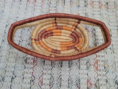 Vintage Coil Basket Tray Orange, Brown Handmade Hand Woven