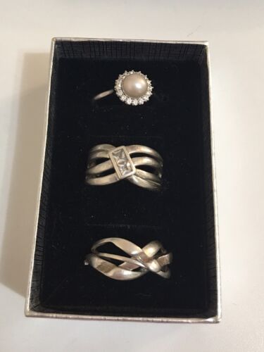 Vintage 925 Sterling Silver ￼3 Ring Lot Cz Pearl Puzzle Band ￼￼Size 9-7.5-7 - Picture 1 of 24