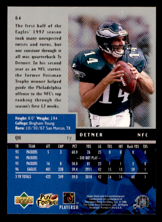 1998 Upper Deck Black Diamond Ty Detmer  Double  #64 Philadelphia Eagles - Image 2 of 2