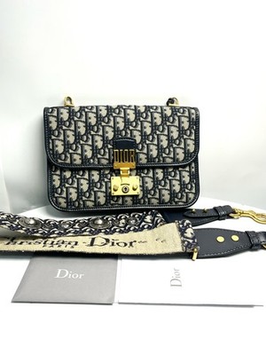 Dior Addict Oblique Messenger Bag Navy Beige Canvas Calfskin Crossbody Duty Paid