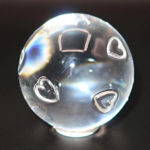 Rare STEUBEN GLASS USA Solid CRYSTAL BALL w/ HEARTS Figurine Paperweight, 2 1/4"