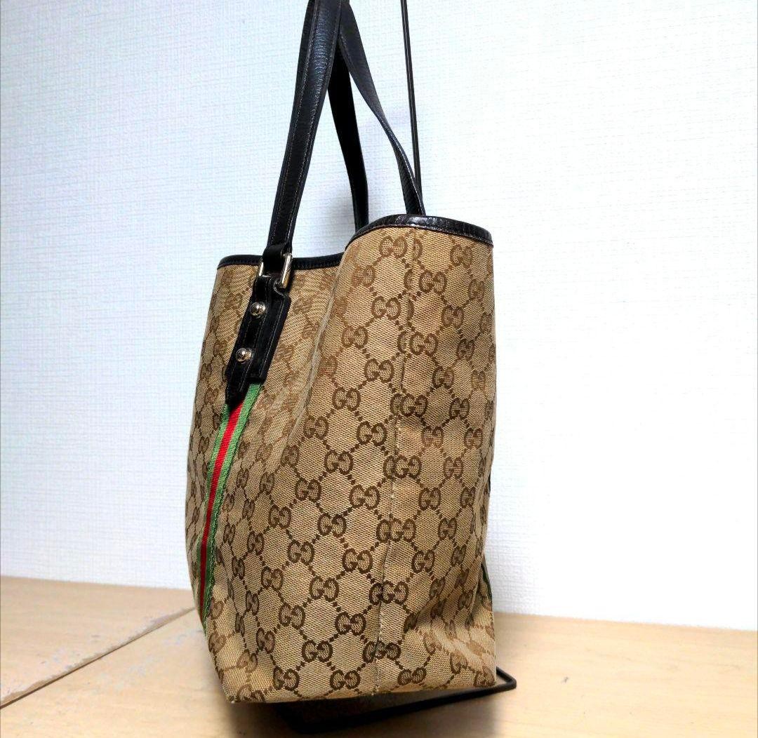 GUCCI Women's GG Canvas Tote Bag Leather Stripes Beige Authentic thumbnail 3