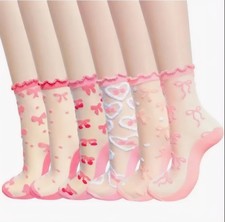 6 Pairs pink Sheer Socks, Cute Ruffle Frilly Lace Socks for Women Girls Summer