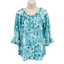 Willow Drive Floral Boho Blouse Festival Beach Ruffle Button Top Sheer Size S
