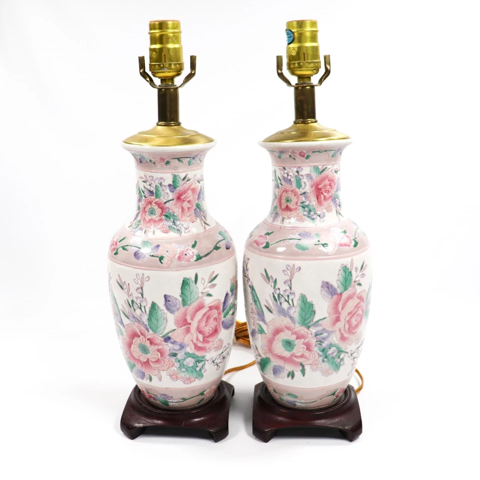 Vtg Chinoiserie Table Lamps PAIR Floral Asian Ginger Jar Porcelain Pastels Pink - Image 4 of 4