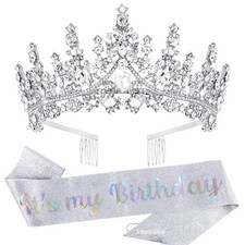 It's My Birthday Sash and Crown for Women Girls - Silver Glitter Birthday Sas...