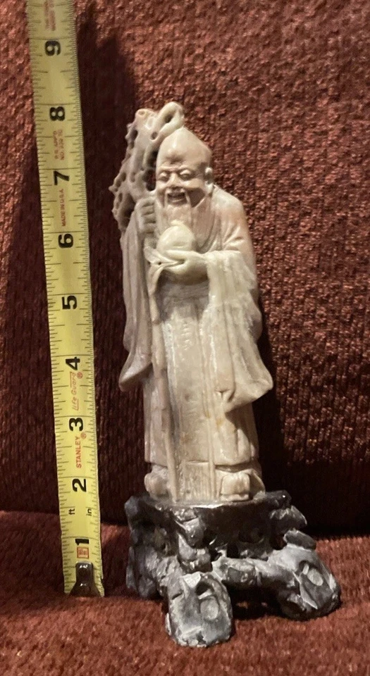"Estatua de piedra de jabón china talla Shou Lao dios de la longevidad estatuilla 8"" sobre soporte" Foto 4 de 4