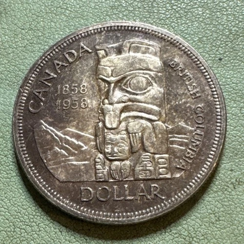 1958 Canada British Columbia - "Totem Pole" Silver Dollar Uncirculated Bu Toned