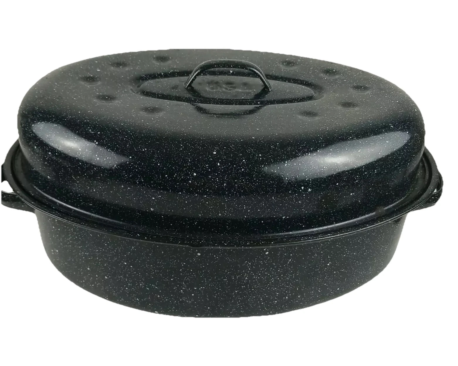 Vintage Granite Ware Covered Oval Roaster USA Speckled Black 12” X 15”
