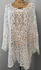 Cato Tunic Top 3/4 Sleeve Embroidered Crochet Lace Sheer Boho Ivory 26 28 3X