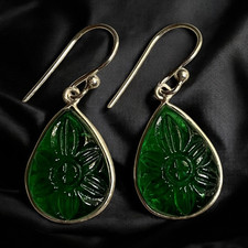 Green Emerald Carved Glass Earrings 925 Silver Drop Earring