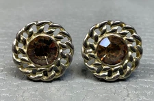Vintage Chain Link Border Amber Colored Stone Yellow Gold Plated Cuff Links