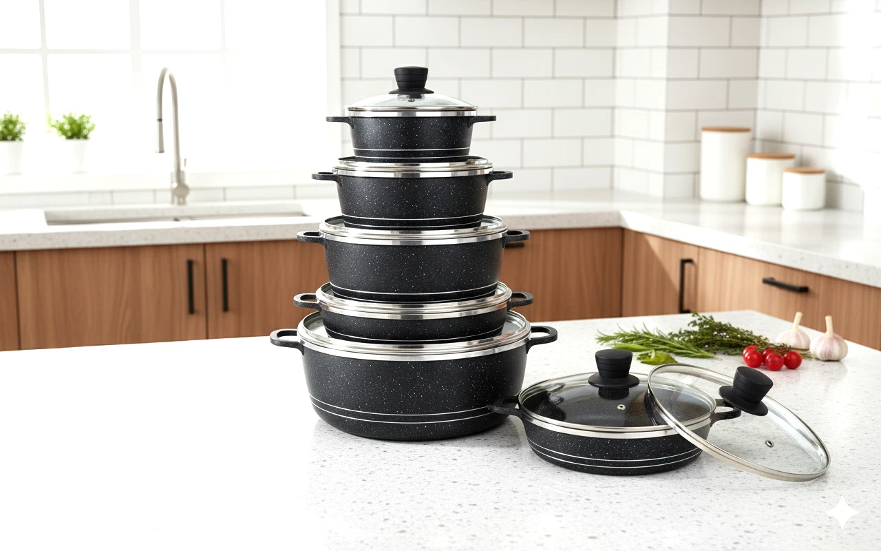 10pc Die-Cast Aluminium Stockpot Set with Glass Lids Non-Stick, Induction, Black