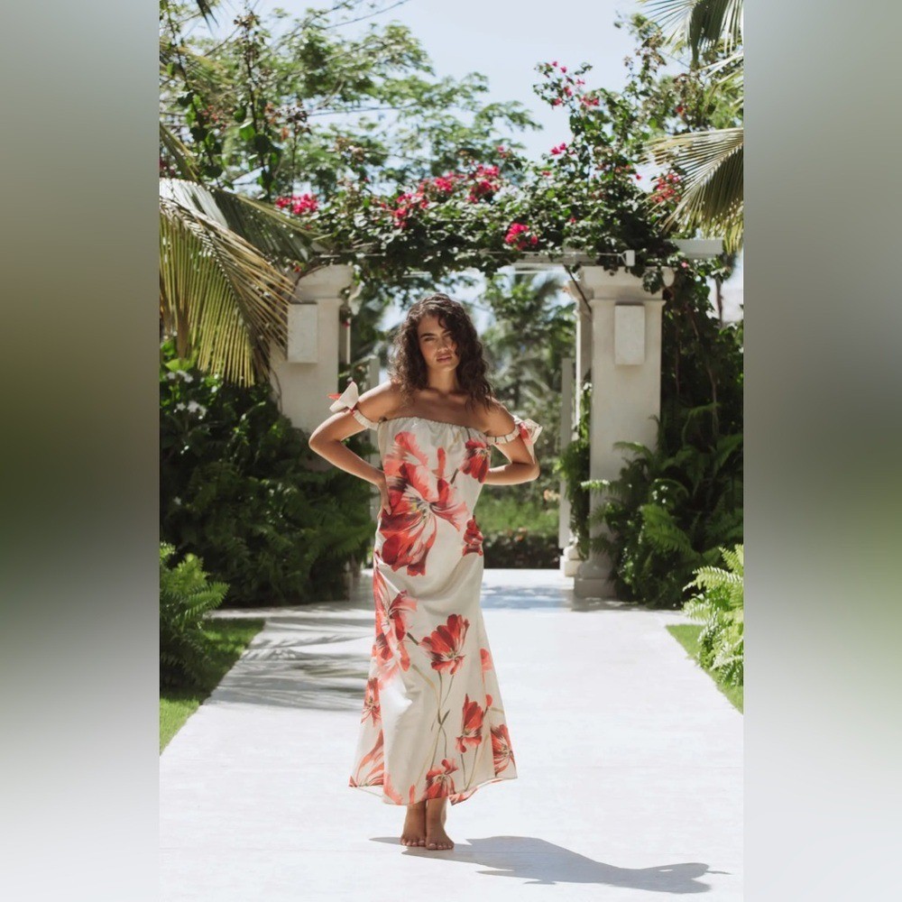 HUTCH Iris Off-Shoulder Maxi Dress | Floral, Bow - Beige