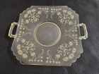 Vtg. yellow depression glass: etched floral patterened handled plate. Art deco.