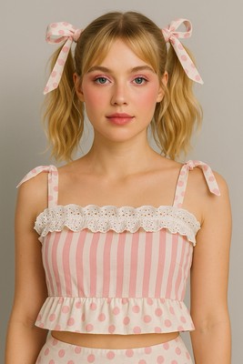 DOLLS KILL Sugar Thrillz Hold Your Applause Ruffled Crop Top Pink Polka Dot Sz S