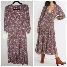 Size XXS Madewell Challis Wrap Midi Dress in Woodland Floral Brown Blue Pockets