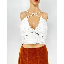 NWT White Crochet Lace Crop Top Boho Festival Strappy Womens M Indie Coachella