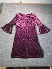 Tommy Hilfiger Women Velvet Dress Sz 14 Purple Plum Bell Sleeve Crew Neck Dress