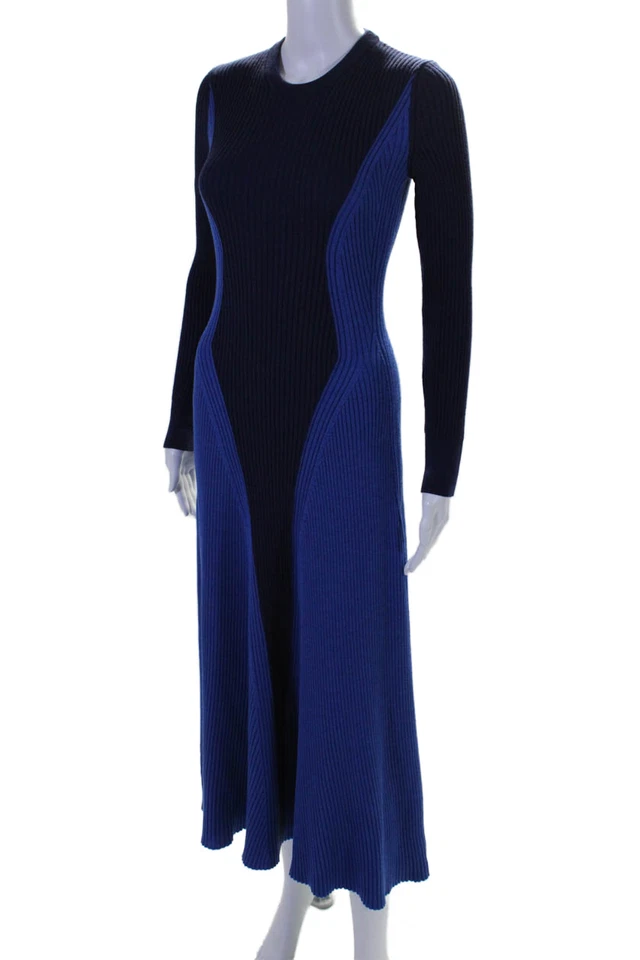 Alexander McQueen Womens Long Sleeve Ribbed Knit Two Toned Dress Blue Wool Small - Image 2 of 4