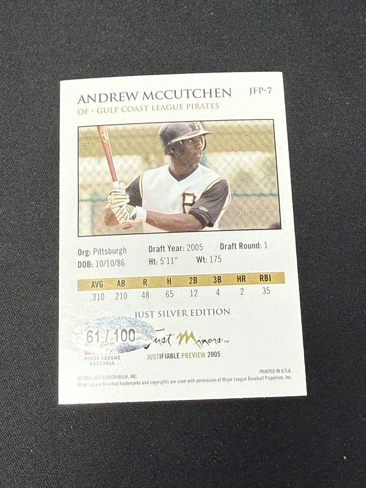 Autógrafos de Andrew McCutchen 2005 Just Minors/100 RC Pirates Foto 2 de 2