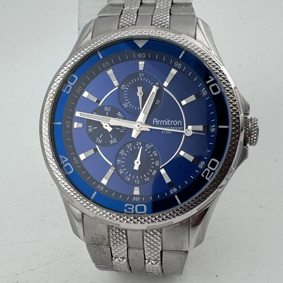 Armitron Quartz Watch 20/4701 Men Silver Steel Blue Date Analog New Battery 7.5" - Image 2 of 4