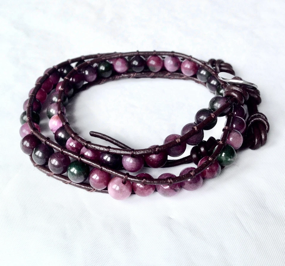 Pulsera de Ágata Natural Rojiza Genuina Marrón Cuero Real 2 Envolturas Boho Hecha a Mano Foto 2 de 3