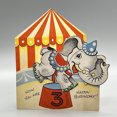 VTG 1940s Mechanical CIRCUS ELEPHANT Diecut BIG TOP TENT Birthday GREETING CARD