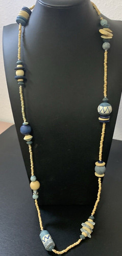 Long Wood Blue Beaded Necklace  Statement