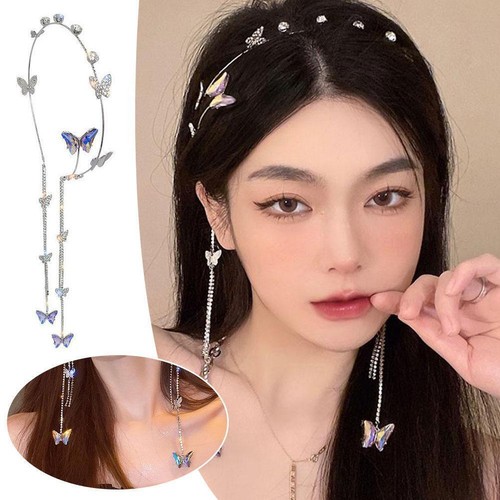 Rhinestone Long Butterfly Tassel Headband Solid-Crystal Accessories Hair O8E4 - Picture 3 of 14